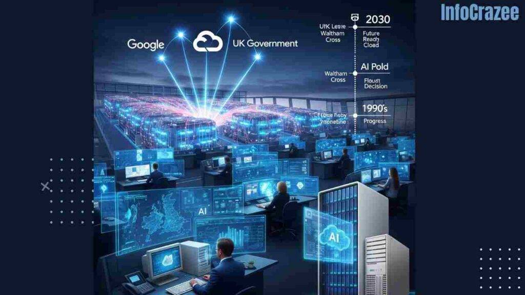 An advanced UK government control center with digital maps, AI dashboards, and holographic displays, where civil servants are learning AI and cloud tools. In the background, the "Waltham Cross" data center glows, and Google Cloud and UK Government logos are connected by data beams. A futuristic server replaces an old computer, with a timeline showing progress toward 2030.