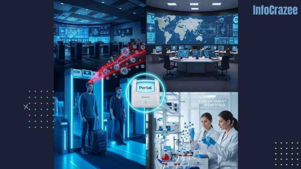 A futuristic border checkpoint with AI biosensors scanning travelers, detecting a pathogen. A NATO command center displays pathogen maps, and a biotech lab shows scientists discovering new proteins. A "Portal Biotech" device connects these scenes.