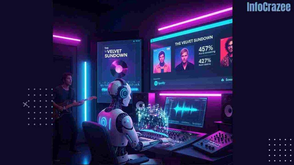 A sleek, humanoid AI robot in a neon-lit music studio sits at a mixing console, surrounded by holographic musical notes. Behind it, screens display "The Velvet Sundown" with album covers, band images, and streaming stats. In the shadows, a human musician with a guitar watches, appearing surprised and concerned.