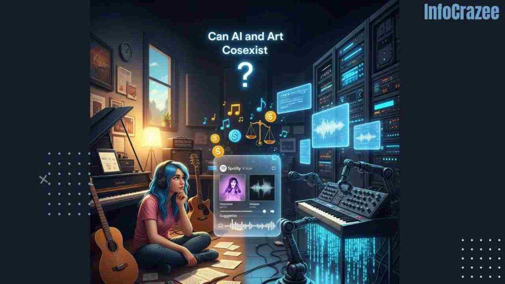 A split image contrasts two music creation scenes. On the left, a human musician sits in a cozy studio with instruments and scattered notes, embodying traditional art. On the right, a futuristic AI system generates music with glowing screens and robotic arms. In the center, a Spotify-like interface suggests both human and AI tracks. Musical notes, dollar signs, and legal scales float nearby, and the question "Can AI and Art Coexist?" hangs in the background.
