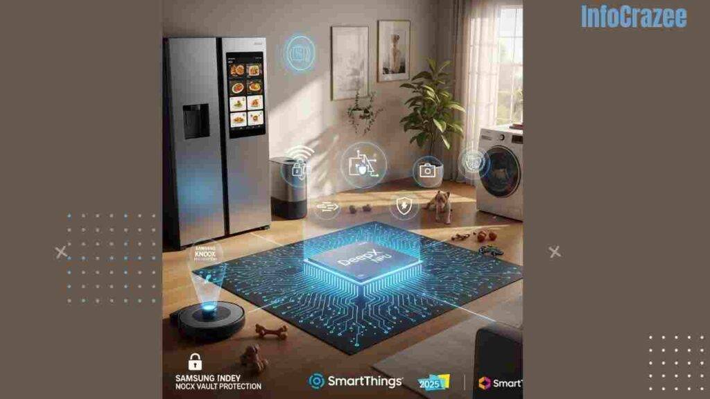 A wide-angle photo of a futuristic kitchen with smart appliances, a glowing microchip at the center, and a subtle CES 2025 logo in the background.