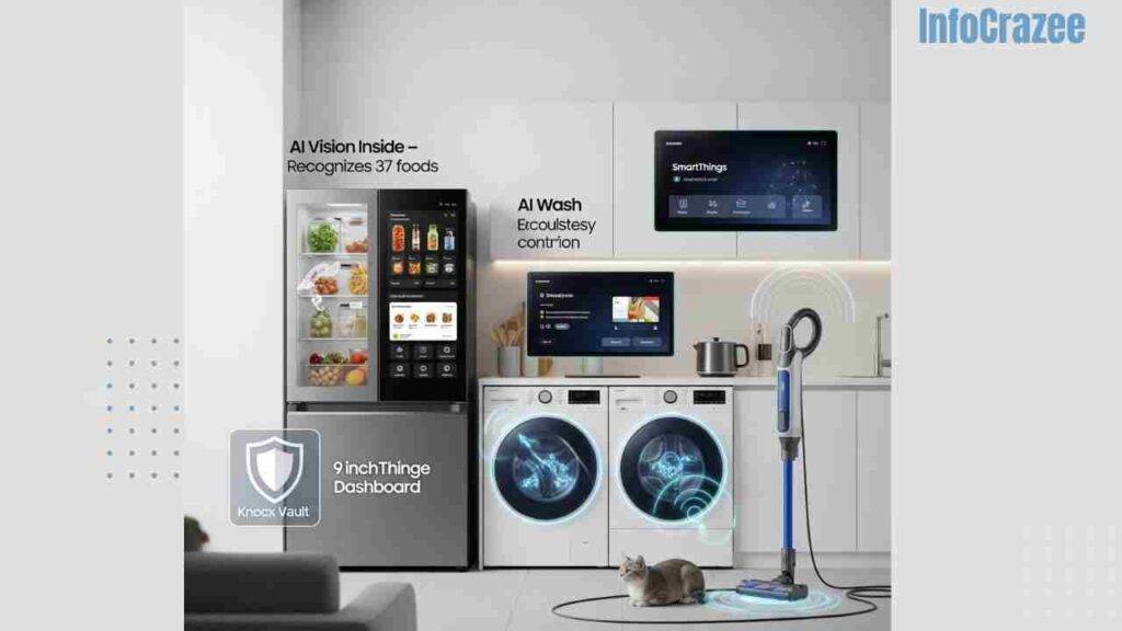 A modern kitchen and living space with Samsung's 2025 Bespoke AI appliances, including a smart fridge, washer, and Jet Bot Combo vacuum, with digital overlays indicating AI features and security.