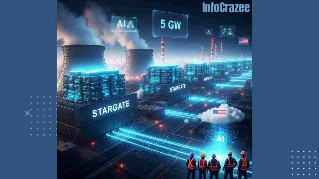 An expansive, futuristic AI data center named "Stargate" stretches across a digital landscape. Blue and orange lights glow from giant AI processor towers. Energy lines connect the towers, and numbers like "4.5GW" float nearby. Subtle Oracle and OpenAI logos adorn massive server walls, emphasizing the immense computing power within this high-tech, sci-fi environment.