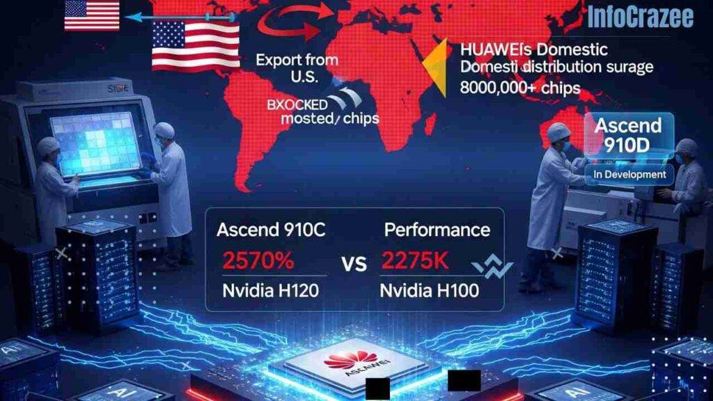 A powerful close-up of a highly detailed, futuristic computer chip with glowing blue and red lines emanating from its core. The chip is labeled "HUAWEI Ascend."