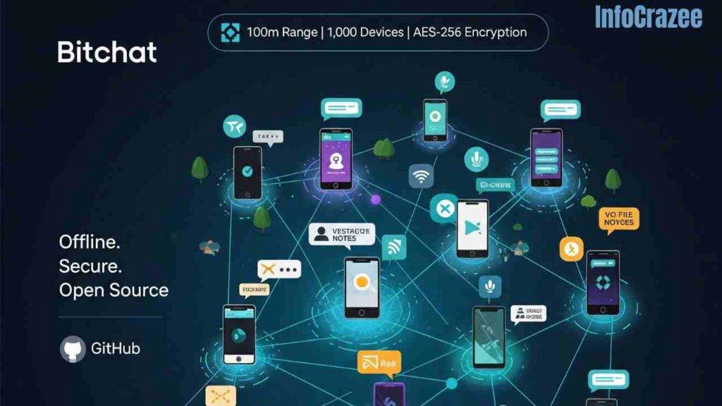 A futuristic infographic shows multiple smartphones forming a Bluetooth mesh network with glowing cyan and purple lines, illustrating secure, offline communication with text, voice, and file transfers, alongside key features like range, device capacity, and encryption.