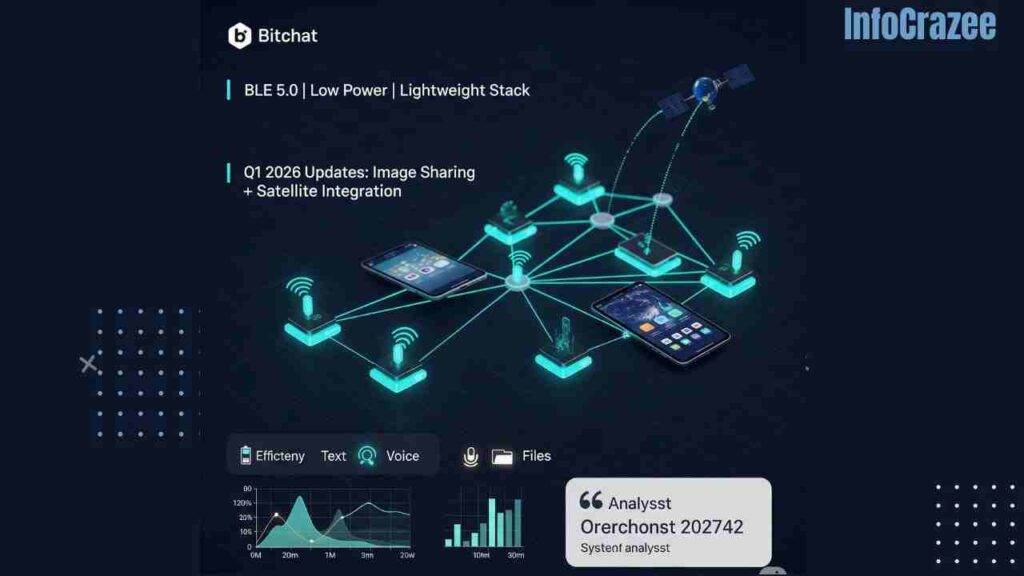 A futuristic technical illustration of Bitchat's BLE 5.0 mesh messaging platform, showing smartphones and tablets as glowing nodes in an energy-efficient network, with panels highlighting features, future updates including satellite integration, and performance graphs.