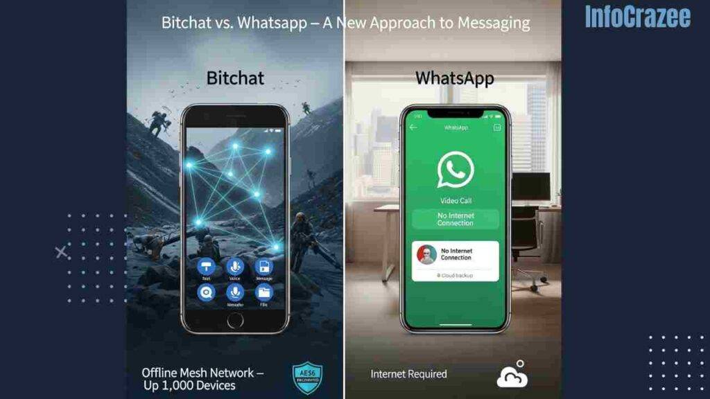 A polished, split-screen infographic comparing Bitchat and WhatsApp, showing Bitchat's offline mesh capabilities in a remote setting versus WhatsApp's "No Internet Connection" alert in an urban environment, highlighting differences in connectivity, privacy, and use cases.