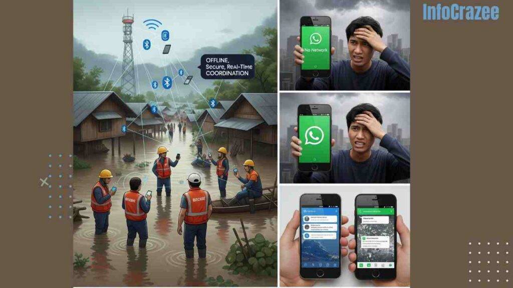 A multi-scene visual illustrating Bitchat's real-world applications, including relief workers using it in a flooded village, a frustrated user with a 'No Network' WhatsApp message, and a comparison of Bitchat running on an older phone versus WhatsApp struggling on a low-end phone, with two quote boxes at the bottom.