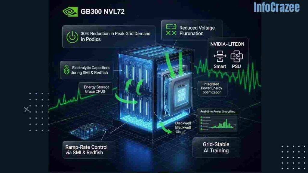 A futuristic infographic of Nvidia's GB300 NVL 72 rack system, highlighting its liquid cooling, Blackwell Ultra GPUs, Grace CPUs, and power management features with glowing components, data overlays, and graphs illustrating energy efficiency and grid stability.