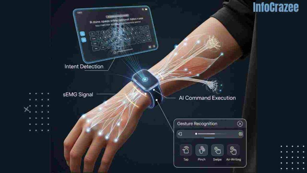 A close-up of a person's forearm wearing a Meta neuromotor AI wristband, with glowing lines indicating sEMG signals and an augmented reality interface showing text input and app control. Gesture recognition icons are also displayed.