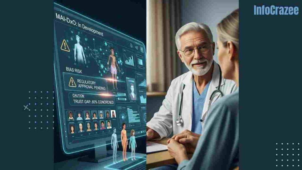 A split hospital scene. One side shows an AI station, "MAI-DxO: In Development," with digital patients, data, and warnings like "Bias Risk" and "Trust Gap." The other side shows a doctor speaking with a real patient, emphasizing human connection.