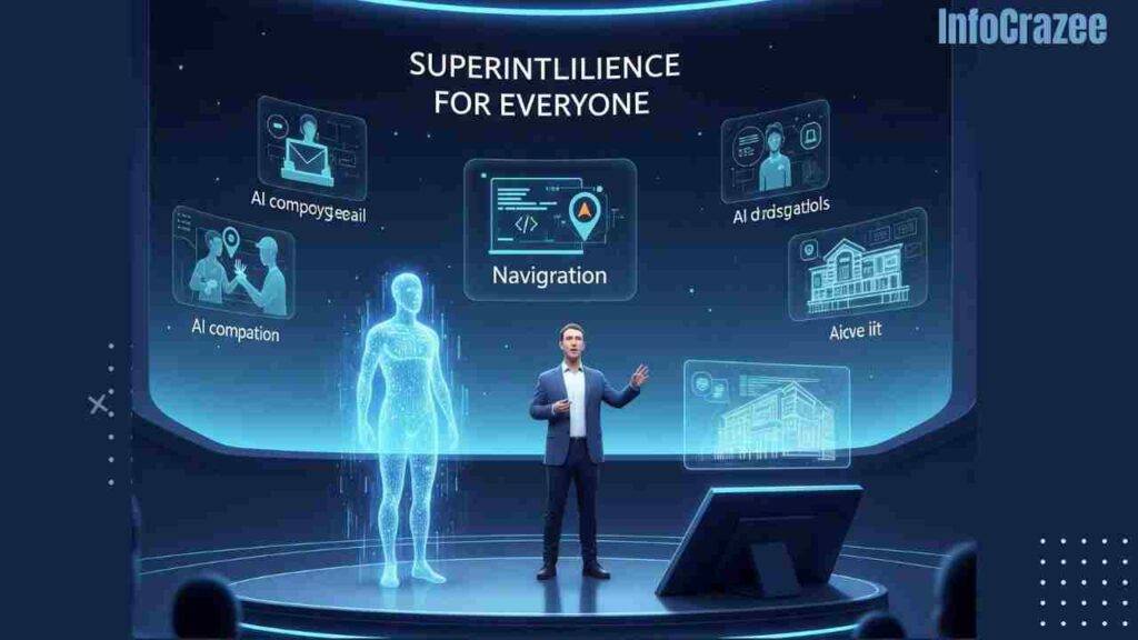 A futuristic tech keynote featuring Mark Zuckerberg on stage with a holographic AI assistant, AR interfaces, and a large screen displaying "Superintelligence for Everyone" with AI application infographics.