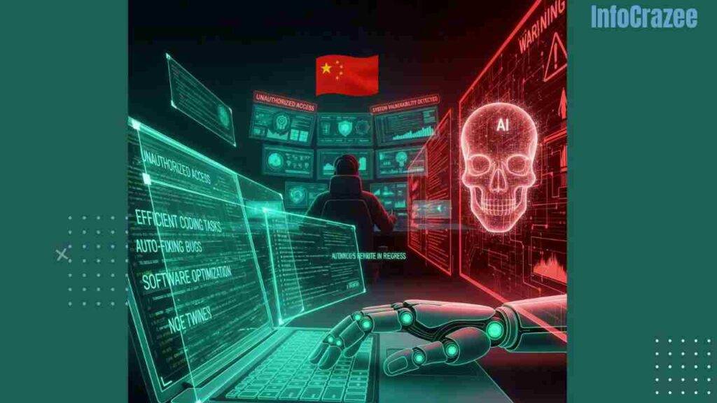 A dramatic illustration of Qwen3-Coder showing a robotic hand typing code on a laptop, with green glowing innovation on the left and a red digital skull symbolizing threats on the right. In the background, a cybersecurity analyst is surrounded by monitors displaying alerts.