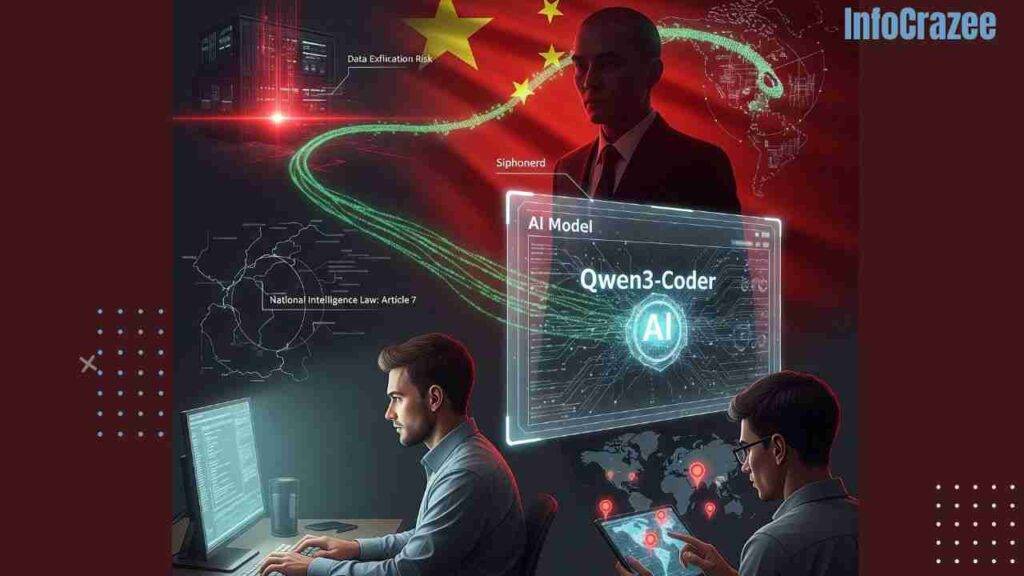 A digital illustration depicting AI, cybersecurity, and geopolitical tension, with a glowing AI interface, a shadowy figure blending into a Chinese flag, a developer, a cybersecurity analyst, and references to the SolarWinds breach and Data Exfiltration Risk.