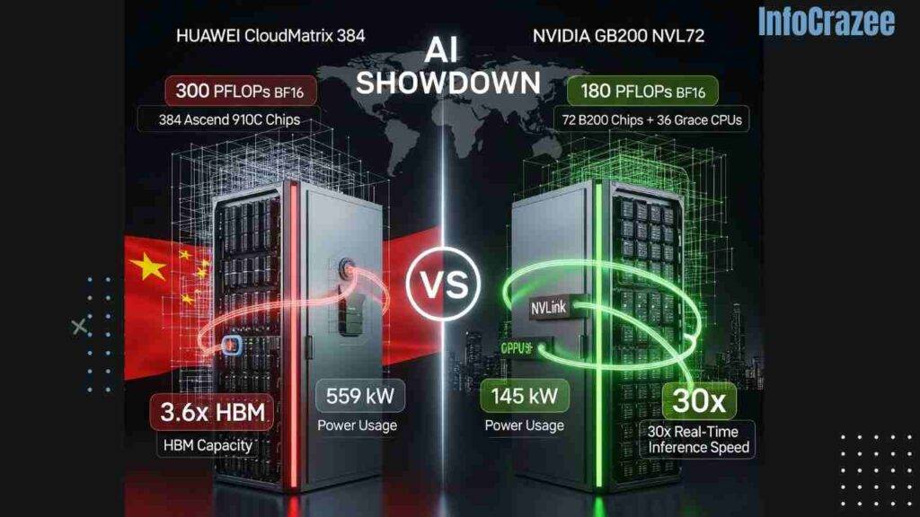 A side-by-side comparison of two futuristic AI data center systems, Huawei CloudMatrix 384 and Nvidia GB200 NVL72, highlighting their specifications and a US-China tech rivalry.