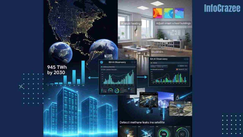 A split image. On the left, an AI data center shows spiking energy use and satellite views highlight the U.S. as a consumer. On the right, AI systems optimize energy in smart buildings and detect methane leaks. An "IEA AI Observatory" dashboard connects both sides, showing energy use and savings.