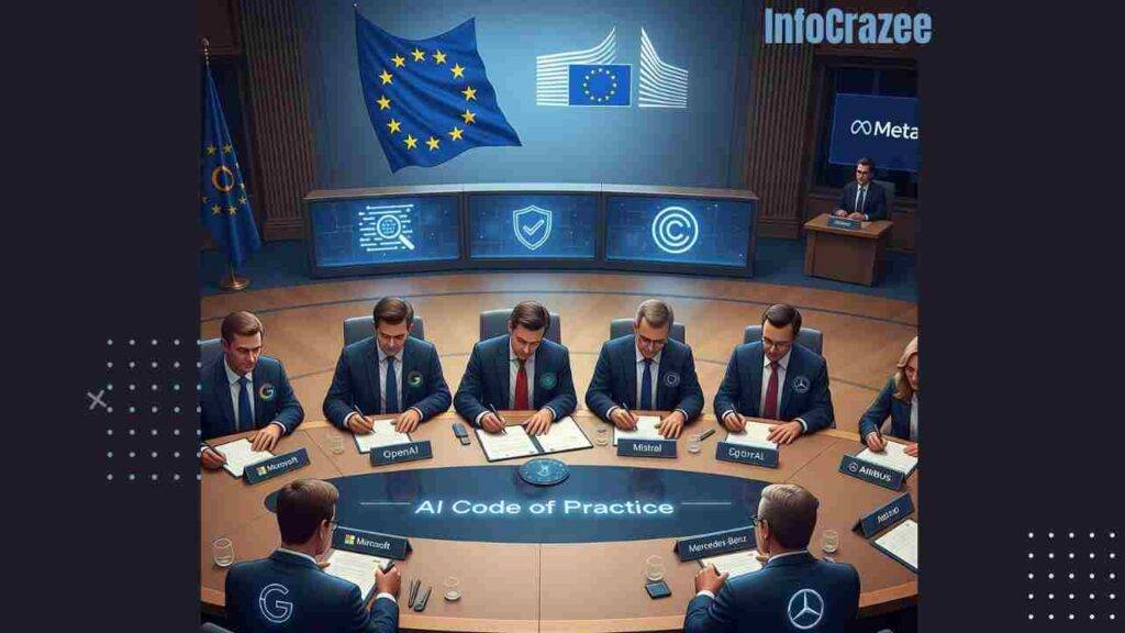 A digital illustration of a formal EU conference room. High-level executives from Google, Microsoft, OpenAI, Mistral, Airbus, and Mercedes-Benz are seated around a table, signing a document. In the background, an EU flag and the European Commission emblem are displayed. A separate figure representing Meta is shown in the shadows.
