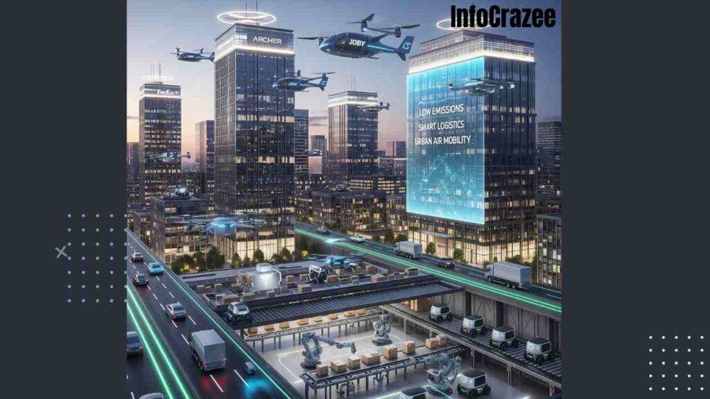 A sleek, modern cityscape at dusk with an automated logistics hub at the forefront. The image shows robotic arms sorting packages and small delivery bots on an illuminated conveyor system. Above the ground, self-driving cars move on multi-lane roads with glowing green and blue lines. In the sky, autonomous electric air taxis and delivery drones fly between towering skyscrapers. A large digital screen on one of the buildings displays "LOW EMISSIONS," "SMART LOGISTICS," and "URBAN AIR MOBILITY."