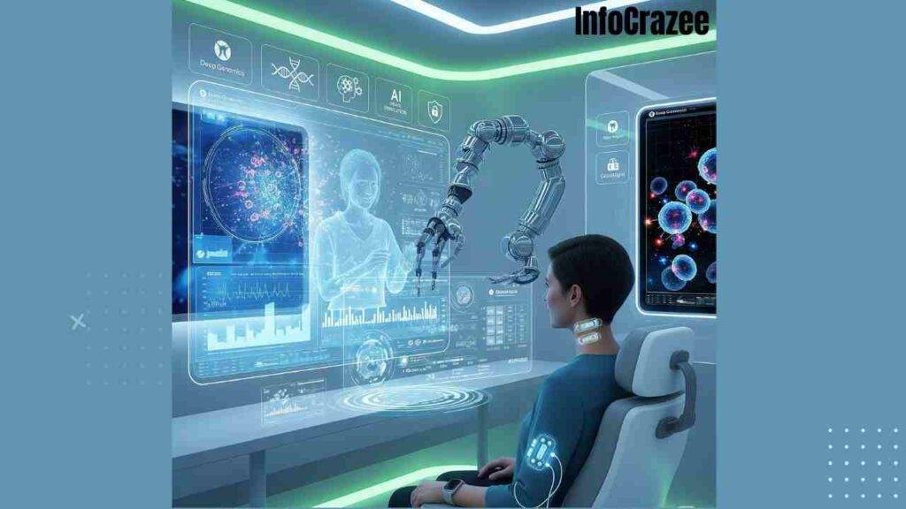 A futuristic medical setting where a patient is seated in a chair, viewing a transparent screen with real-time genomic data and a digital health assistant. The patient is wearing biosensor patches and a smartwatch. A robotic arm is nearby, and another screen shows cancer cells being targeted. The environment is clean and clinical, with soft blues, whites, and greens.