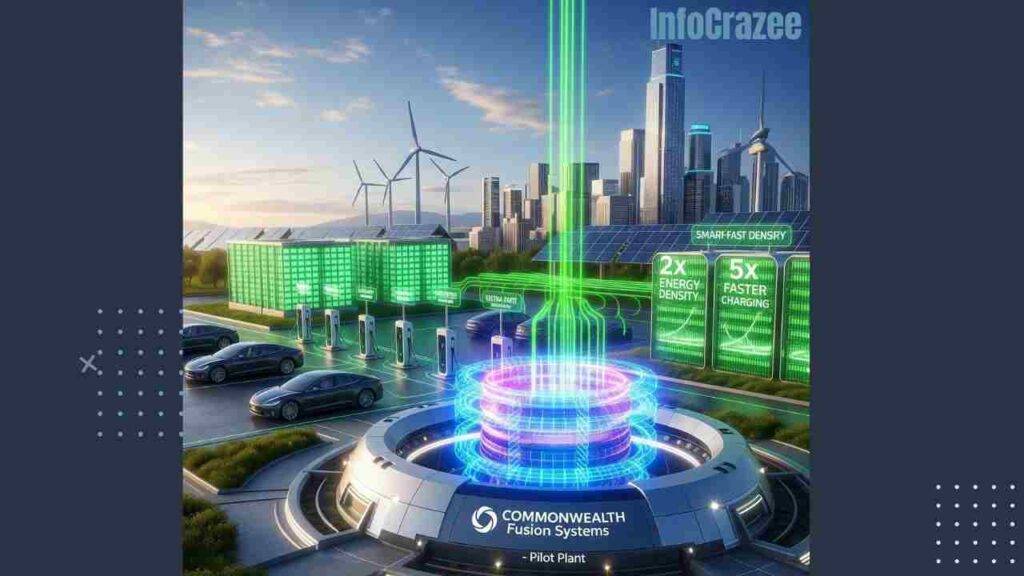 A clean, futuristic energy landscape with a glowing, compact fusion reactor in the foreground. In the background, a smart city skyline is visible with solar panels, wind turbines, and large battery arrays. Several EVs are charging at ultra-fast stations, with digital displays showing charging metrics.