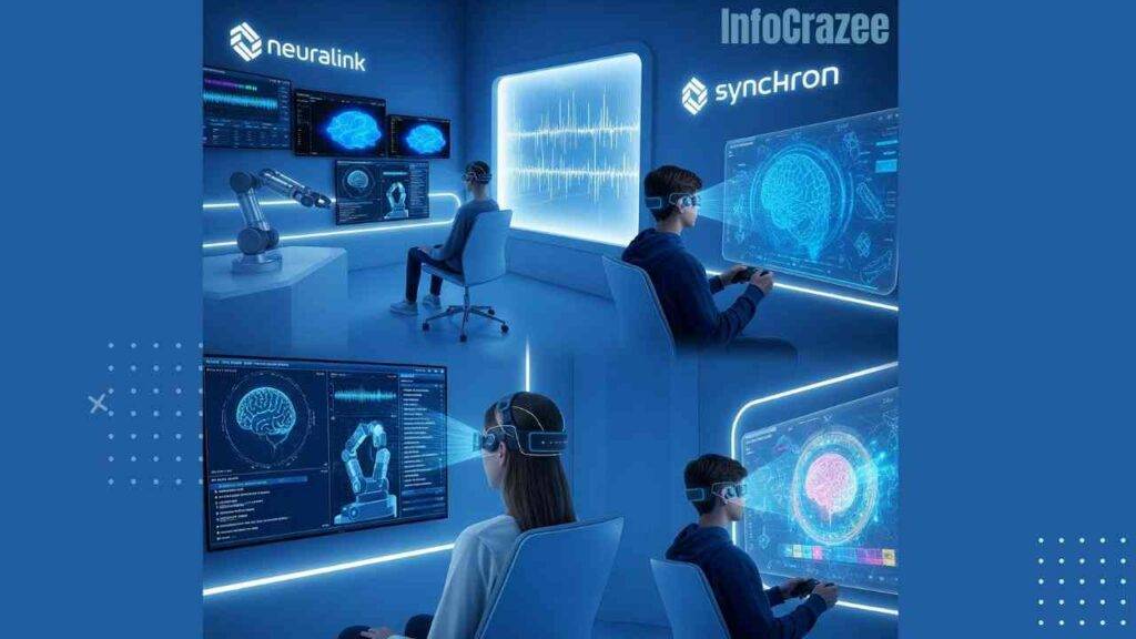 A high-tech, soft-blue hued room featuring various applications of brain-computer interfaces. In the background, two individuals sit at workstations, one controlling a robotic arm and the other looking at brainwave patterns on a large screen with a Neuralink logo. In the foreground, two other individuals are shown, one controlling a computer with a BCI headband and the other playing a video game with a similar device. The Synchron logo is also visible on a large screen.