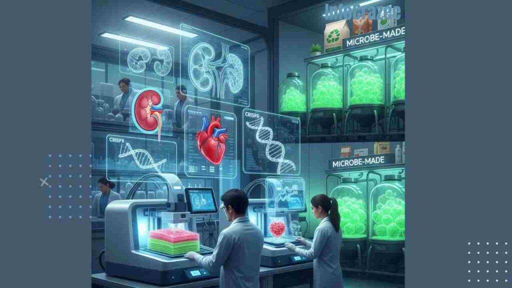 A futuristic biomedical lab where scientists use 3D bioprinters to create organs. Holographic displays show blueprints and CRISPR interfaces. In the background, genetically engineered microbes in glowing bioreactors produce materials, and "Microbe-Made" product packaging is on a shelf.