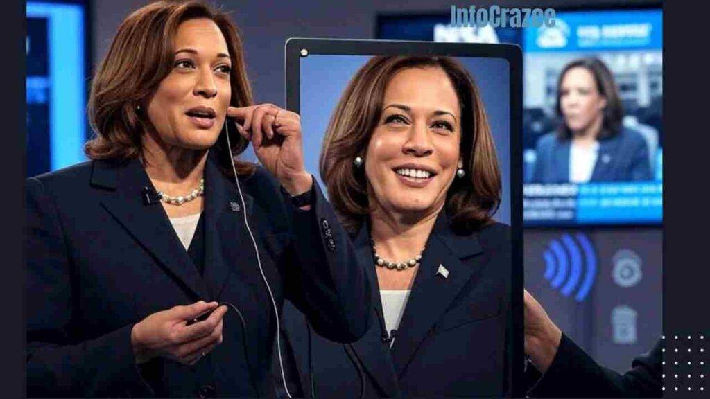 Kamala Harris on a TV interview set, wearing wired earphones and speaking confidently, with a photo-in-photo of her using wired earbuds during the 2024 campaign. Background features cybersecurity icons (hacker silhouette, signal waves, data interception) and an NSA report graphic on a screen.