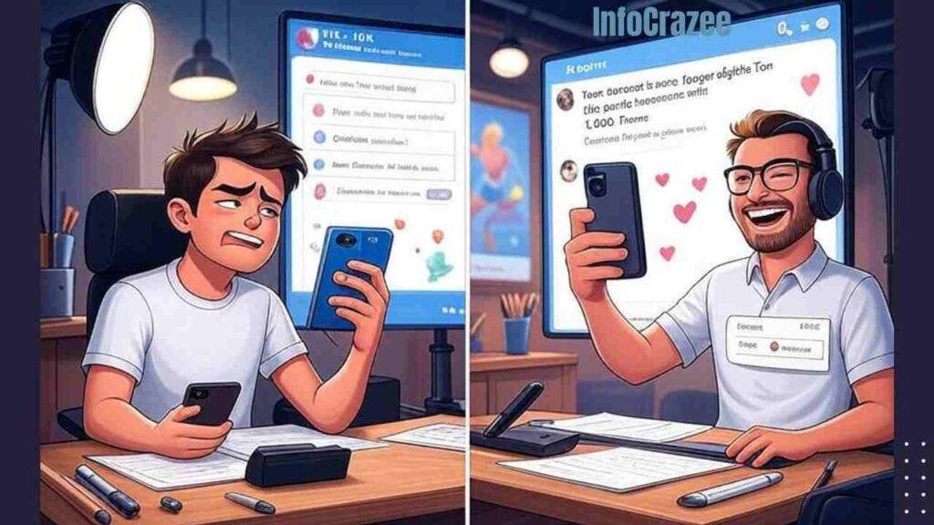 Split-screen illustration: left, frustrated young creator at a cozy desk with art supplies, viewing a phone message "Your account is no longer eligible for Live. Only public accounts with 1,000 followers or more can go live"; right, confident creator streaming live with "1.2K viewers," surrounded by hearts and comments, in a polished studio; caption "A New Rule, A Missed Opportunity – Small Creators Left Behind."