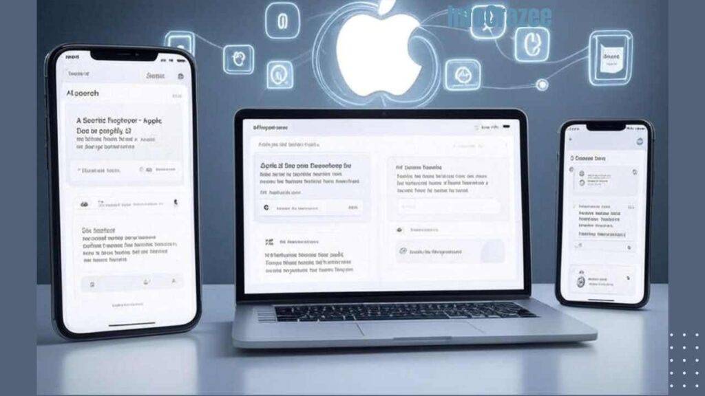 Futuristic Apple interface with “Apple Answer Engine” on iPhone, MacBook, and iPad, showing conversational AI responses in Safari, Siri, and Spotlight; background features holographic search, privacy, and neural network symbols, with a faint “AI Search Engineer – Apple Careers” job listing; glowing Apple logo with interconnected lines, in a minimalist white, space gray, and soft blue design.