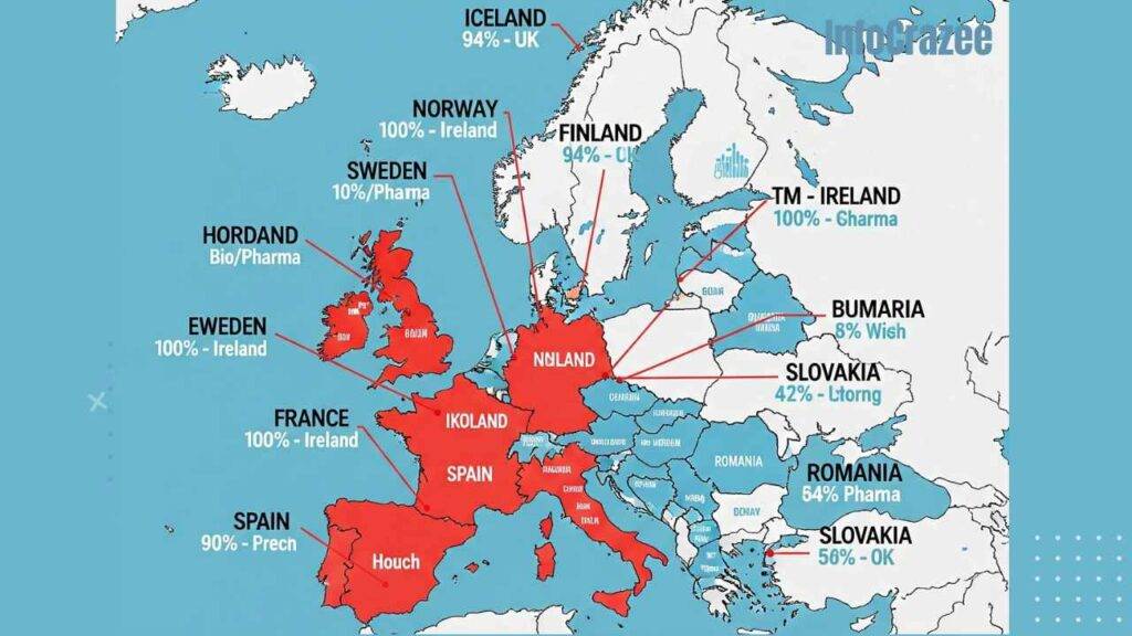 A map of Europe with countries color-coded by tech dependency.