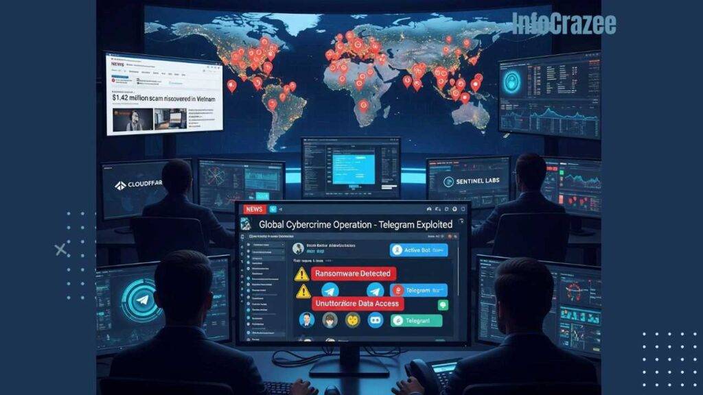 A photo of a dark cybersecurity control room with people monitoring screens, a global map, and a Telegram interface with warnings.