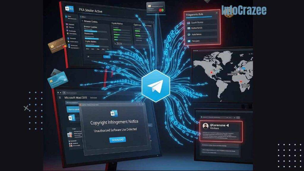 A digital illustration of multiple computer screens displaying a fake software installer, a malware interface, a world map with breach locations, and a Telegram chat.