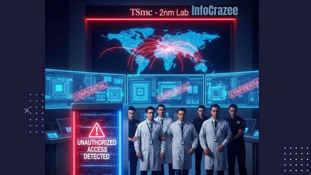 A security breach scene in a semiconductor facility with a server rack warning and engineers being escorted out.