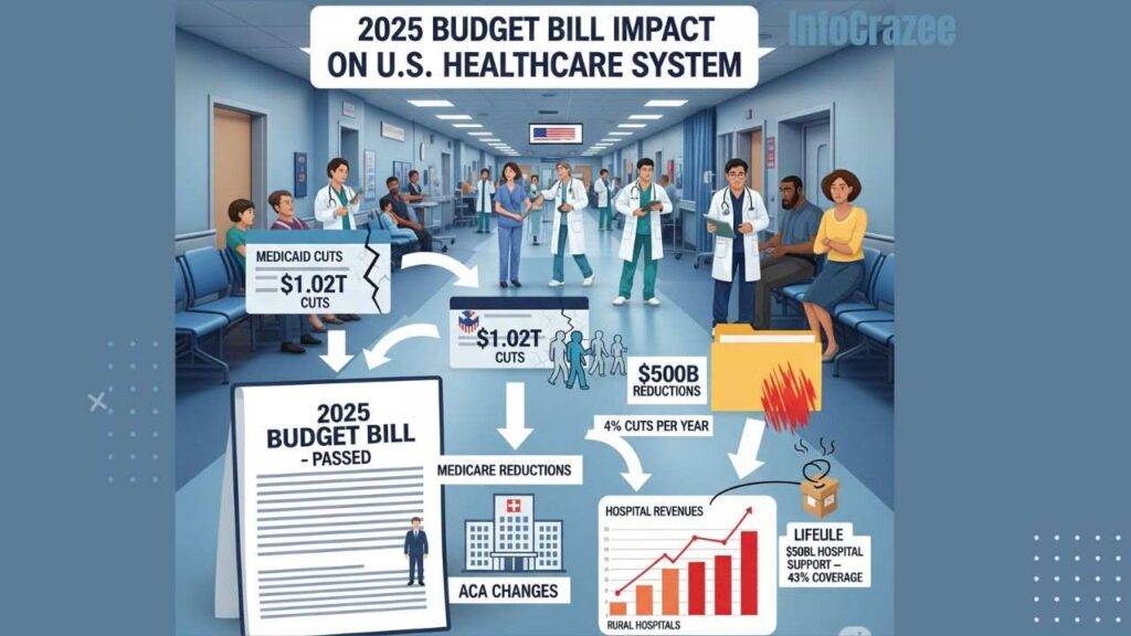 A policy-themed infographic illustrating the impact of the 2025 Budget Bill on the U.S. healthcare system.