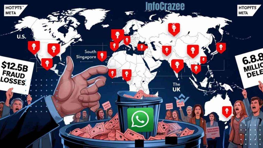  Illustration of Meta deleting millions of WhatsApp scam accounts on a global map with fraud hotspots and protest signs calling for stronger regulation.