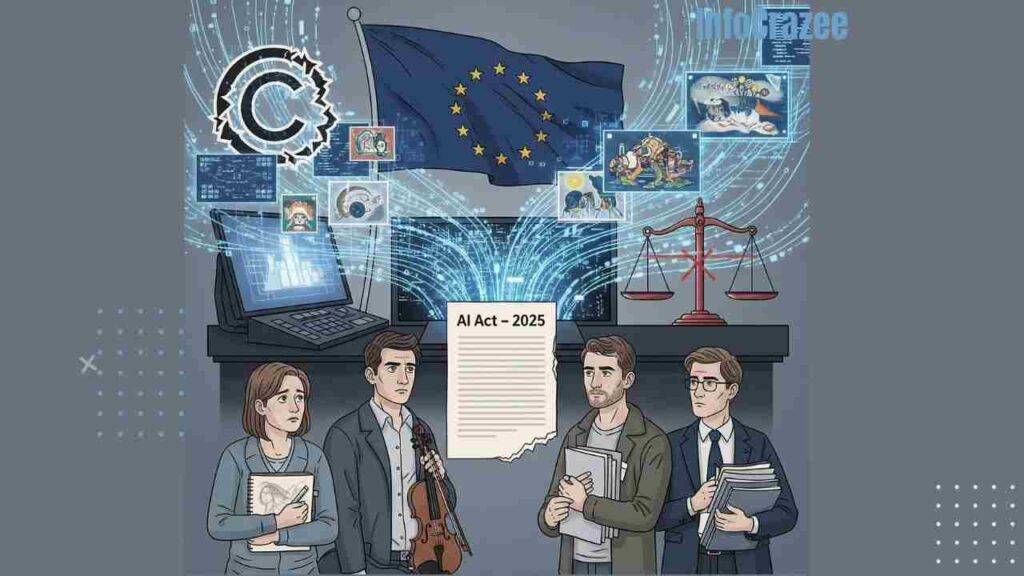 An illustration showing a group of artists facing a futuristic AI system. Between them is a partially torn document labeled "AI Act - 2025". In the background is a faded European Union flag. Symbolic elements like a distressed copyright symbol and legal scales are also visible.