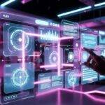 Futuristic 3D spatial interface floating in room-scale environment, holographic UI elements, user interacting through natural gestures, soft neon lighting, immersive mixed reality design, ultra-modern sci-fi aesthetics