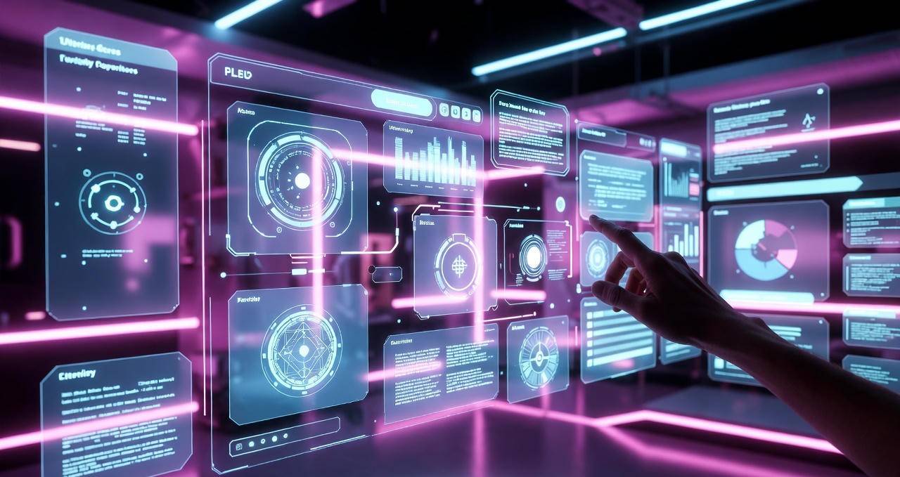 Futuristic 3D spatial interface floating in room-scale environment, holographic UI elements, user interacting through natural gestures, soft neon lighting, immersive mixed reality design, ultra-modern sci-fi aesthetics