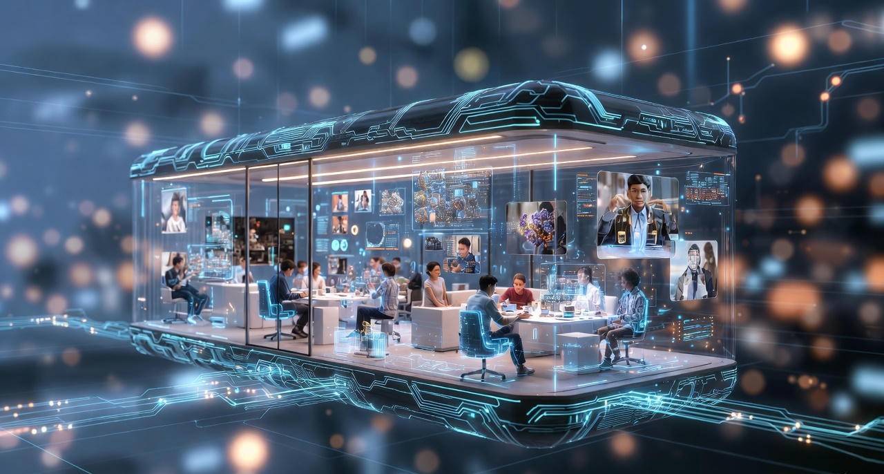 A futuristic learning pod floating in a digital metaverse environment, transparent holographic walls displaying immersive 3D lessons, diverse global students appearing as hologram avatars connected inside, glowing neon-blue circuitry patterns, ultra-modern minimalistic design, floating data streams, soft volumetric lighting, sci-fi education theme, high-resolution, hyper-realistic, 8K concept art