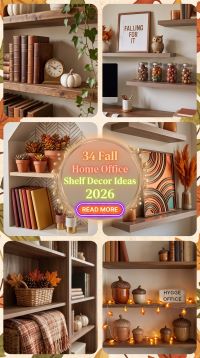 34 Fall Home Office Shelf Decor Ideas 2026 | Books, Greenery, Candles, Artwork & Cozy Seasonal Workspace Details