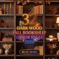 32 Dark Wood Fall Bookshelf Decor Ideas 2026 for Modern Homes | Vintage Books, Vases, Dried Florals & Warm Autumn Accents