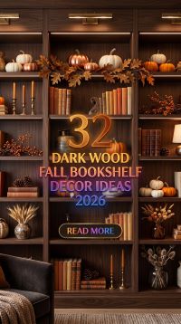 32 Dark Wood Fall Bookshelf Decor Ideas 2026 for Modern Homes | Vintage Books, Vases, Dried Florals & Warm Autumn Accents