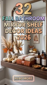 32 Fall Bathroom Mirror Shelf Decor Ideas 2026 for Modern Homes | Candles, Mini Plants, Trays, Seasonal Accents & Cozy Details