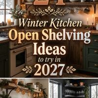 24 Winter Kitchen Open Shelving Ideas 2027 With Natural Wood, Ceramic Dishware, Glass Jars, Warm Lighting and Beautiful Seasonal Styling for a Cozy, Organized and Pinterest-Worthy Kitchen