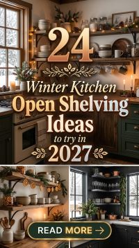 24 Winter Kitchen Open Shelving Ideas 2027 With Natural Wood, Ceramic Dishware, Glass Jars, Warm Lighting and Beautiful Seasonal Styling for a Cozy, Organized and Pinterest-Worthy Kitchen